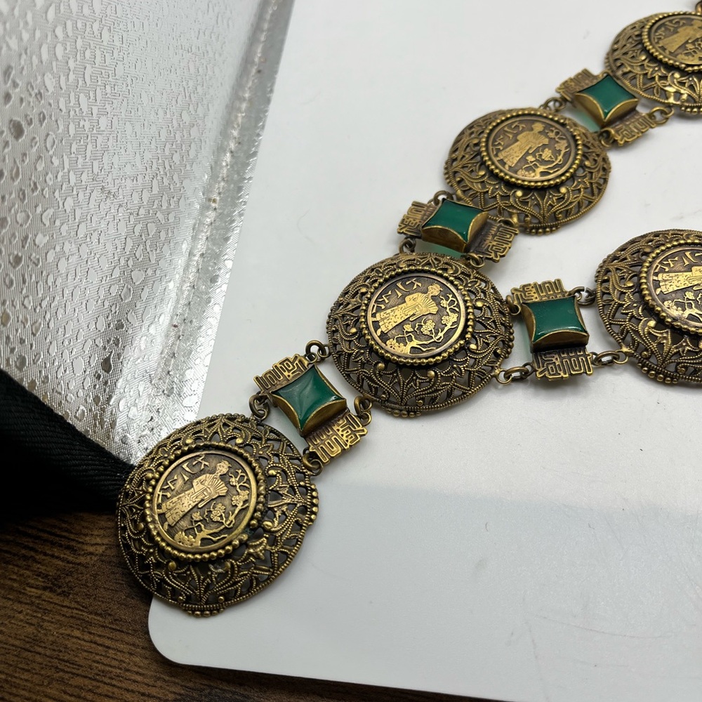RARE Joseff Of Hollywood Necklace Asian Motif  Faux Chrysoprase 32” long - Picture 9 of 14